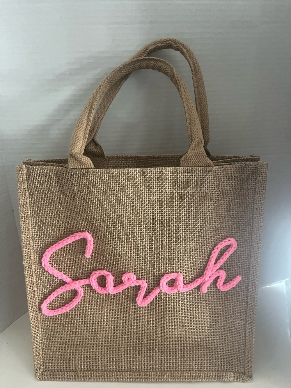 NEW PERSONALIZED JUTE TOTE BAG- "SARAH"- 12" X 12"